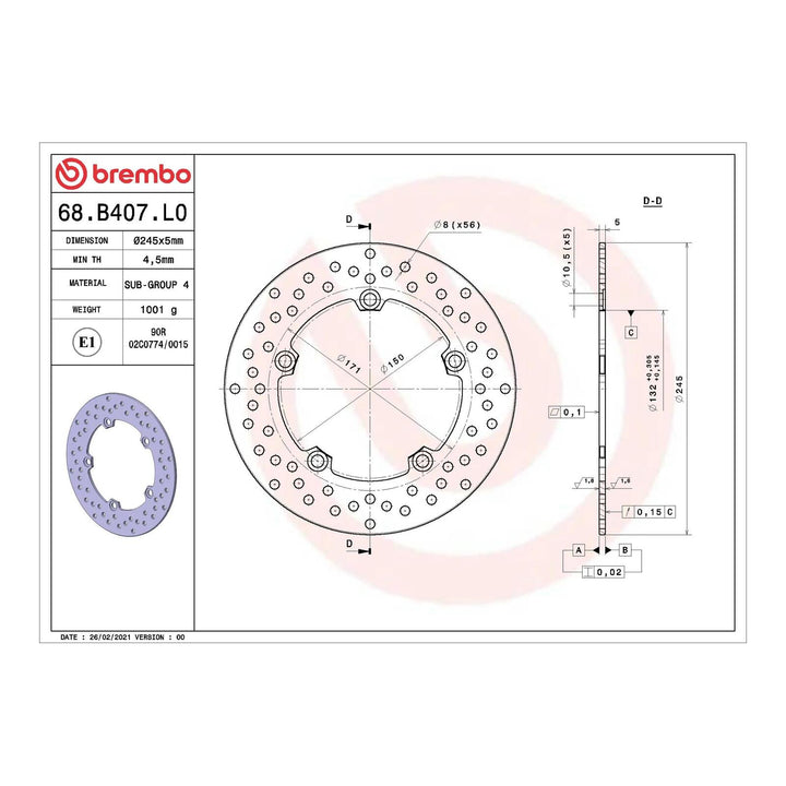 Brembo Prime Serie Oro Rear Brake Disc 68B407L0