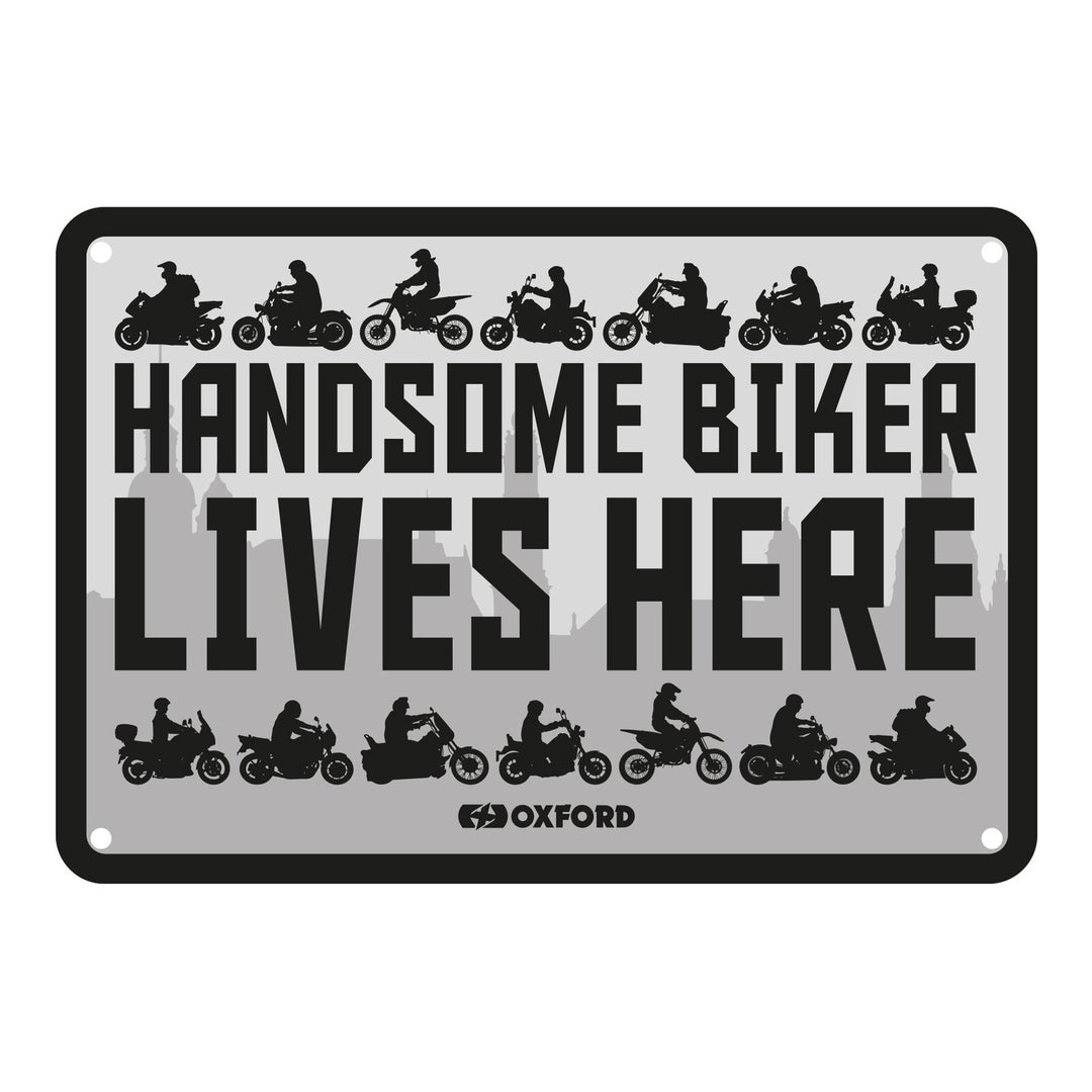 Oxford Garage Metal Sign: Handsome Biker Lives Here