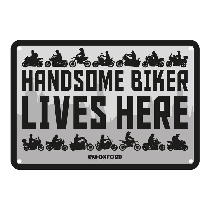 Oxford Garage Metal Sign: Handsome Biker Lives Here